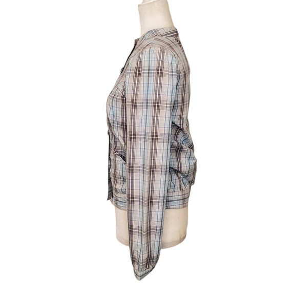 Split Women Blue Plaid Print Button Bomber Jacket Size XS - Picture 2 of 12
